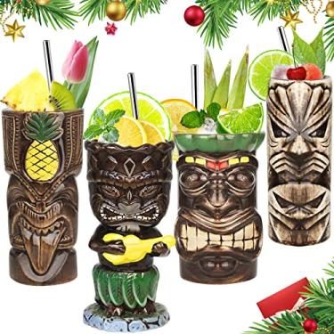 Imagem de SuproBarware Conjunto de 4 canecas Tiki – canecas de cerâmica havaianas para festa grande, canecas Tiki Bar para coquetéis, copos tropicais premium para festas exóticas – TJB02 (4 peças)