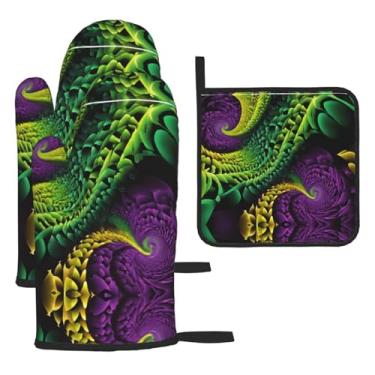 Imagem de Conjunto de cozinha essencial de 3 peças com estampa de flores coloridas, luvas resistentes ao calor e alça de tampa, proteção para churrasco no forno, design de armazenamento suspenso.