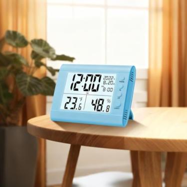 Imagem de Despertador digital para quartos, relógio eletrônico multifuncional, visor LED com higrômetro, termômetro, umidade digital, temperatura, visor digital estéreo, despertador para casa (azul)