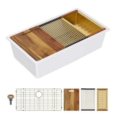 Imagem de Lordear Pia de cozinha composta de granito branco de 81 cm, estação de trabalho 81 x 48 cm, lavatórios de quartzo branco embaixo do balcão, pia de tigela única com acessórios dourados clássicos