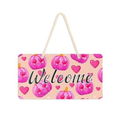 Imagem de Burbuja Placa de boas-vindas de abóboras rosa para porta da frente, placa de boas-vindas de PVC para decoração de férias de casa de fazenda, 15 x 28 cm