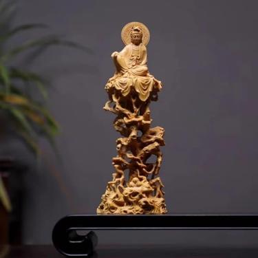 Imagem de FENNYYAR Estátua decorativa de Buda Guanyin esculpida em madeira, videira de árvore de madeira, 20 cm 19,8 cm, figuras decorativas para casa, estátua Feng Shui