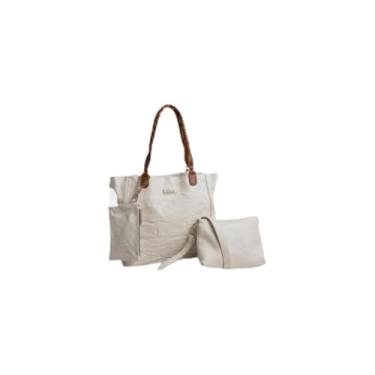 Imagem de Kit 3 Peças Bolsa Feminina com Alças Trançadas, Branco com Caramelo, Couro Sintético, Bolsa Grande 30x27x11cm, Transversal e Necessaire