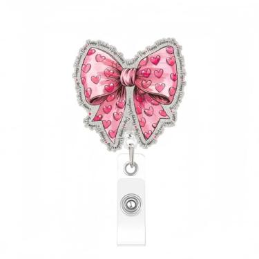 Imagem de Carretel de crachá de dia dos namorados, laço rosa com desenhos de coração, porta-crachás retrátil, nome de identificação de enfermeira, jacaré, clipe de acrílico, carretéis fofos para enfermeira