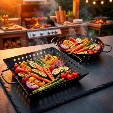 Imagem de Assadeiras Churrasqueira Grelhas Cestos Em Aço Inox Kit 2pçs