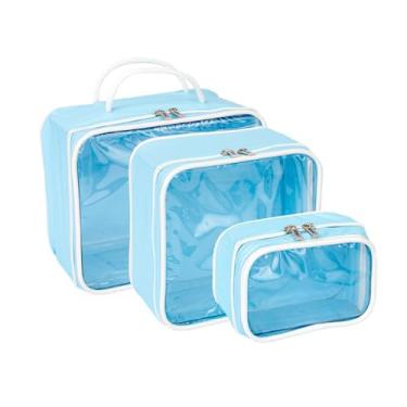 Imagem de Necessaire Impermeável Transparente com Zíper, Azul, PVC, Kit 3 Peças (P 10x7x15cm, M 19x10x19cm, G 20x12x25cm), com Alça (Azul Bebê)