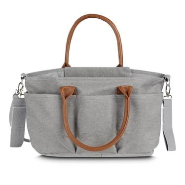 Imagem de Bolsa Multifuncional Premium, Poliéster Cinza com Alças em PU, 14L, 5 Compartimentos Externos, Divisórias Removíveis, Porta Mamadeira Térmico, 41x22x16cm