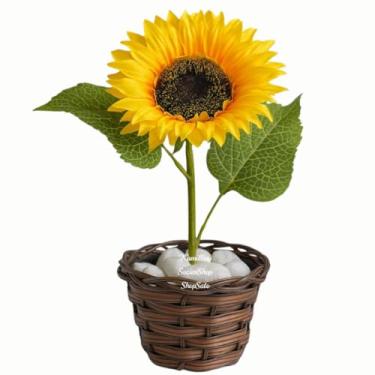 Imagem de Arranjo Floral Girassol Individual Artificial Com Vaso Trançado + .Pedras Brancas Decoração Completo(1 ARRANJO)