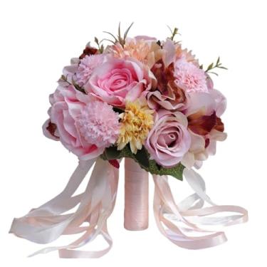 Imagem de Buquê de flores de seda artificial para casamentos – Arranjo floral de orquídea rosa e dália, nupcial (champanhe)