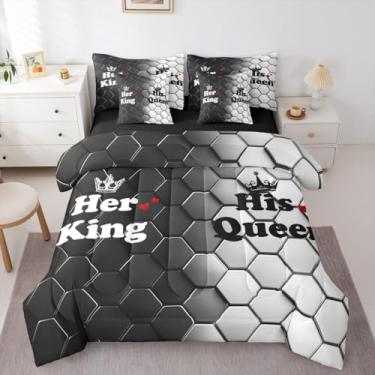 Imagem de Erosebridal Conjunto de edredom King e Queen, colmeia de Dia dos Namorados, 7 peças, ombré, preto, branco, geométrico, romântico, hexágono, cama em uma bolsa, para casal, mulheres e homens