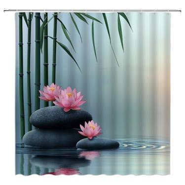Imagem de Cortina de chuveiro de jardim de spa, pedra de lótus de bambu, água, natureza, azul, verde, poliéster, cortina de banheiro com 12 ganchos, 187 x 178 cm