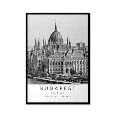 Imagem de Pôster de viagem preto e branco impressão paisagem da cidade do mundo pintura em tela Budapeste arte de parede decoração de casa (12 x 16 polegadas (30 x 40 cm), moldura de metal)