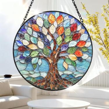 Imagem de 1 peça de decoração para pendurar apanhador de sol de acrílico colorido, árvore com folhas coloridas de 18 cm, decoração de janela com design de vitral impresso, ideia de presente e ornamento de