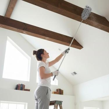 Imagem de Espanador de penas extensível removedor de poeira telescópico para móveis de carro de escritório doméstico ferramenta multiuso de limpeza de teto alto (cinza, cabeça longa)