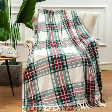 Imagem de LALIFIT Cobertor de Natal com borlas, cobertor xadrez xadrez de chenille para sofá-cama, supermacio, aconchegante, leve, para decoração de Natal 127 x 152 cm (branco)
