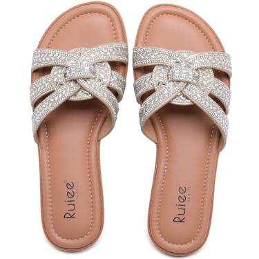 Imagem de Ruiee Sandálias rasteiras femininas de largura larga, moderno, diamante, brilhante, casual, elegante, confortável, noiva, casamento, verão, sem cadarço, sandálias de pés largos para mulheres., Ouro PU