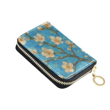 Imagem de Carteira feminina pequena, porta-cartões de crédito, bloqueio de RFID, zíper ao redor do porta-moedas com chaveiro, flor floral aquarela, branco, azul