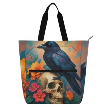 Imagem de Sacola de trabalho com flores de caveira de corvo preto para mulheres, bolsas de tecido de lona, faculdade, escola, crianças, bolsas fofas, para amantes de livros, presentes