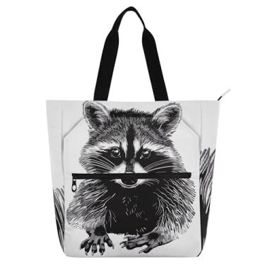 Imagem de GAIGEO Bolsa feminina Raccoon preta branca para trabalho animal lona praia livro bolsa zíper presente diário para amantes de livros bolsas