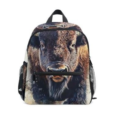 Imagem de GAIGEO Bison Watercolor Animal Backpack for School Kids, 10x4x12 In, Preschool Backpack for Girls Includes Water Bottle Pockets, Whistle Clip for Safety