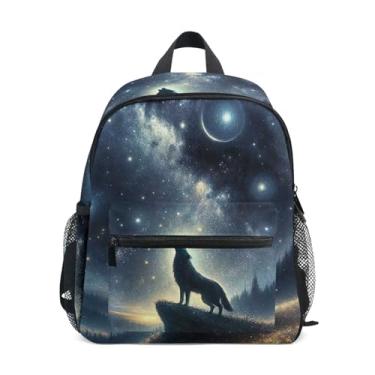 Imagem de Wolf Howling Galaxy Backpack for Toddler Boys School Backpack with Front Pocket, Safety Whistle for Ages 3-8