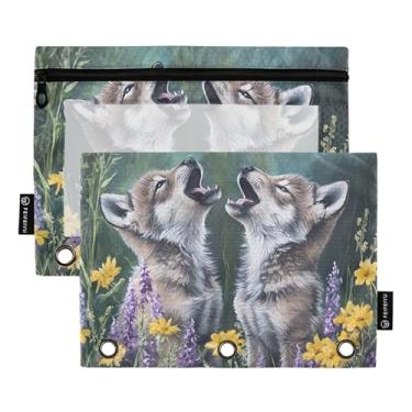 Imagem de Lobo floral filhotes uivando 3 anéis bolsa lápis bolsa caneta lápis sacos com zíper pastel escola pasta transparente bolsos crianças 25 cm x 18 cm, 2 pacotes