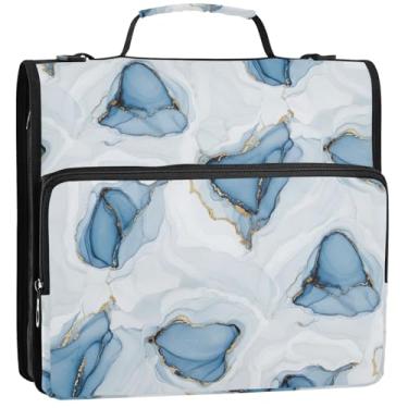 Imagem de Organizador de fichário com zíper, mármore, azul, branco, 3 argolas, fichários de documentos resistentes com alça para bolsa de ensino médio, portfólio e estojo para pasta de anel, 34,5 x 31,5 x 9 cm