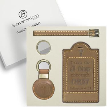 Imagem de Sovereign-Gear - Etiqueta de bagagem de couro marrom Philippians 4:13 com suporte de AirTag de couro - Etiqueta de bagagem de couro genuíno para malas - Acessório de viagem seguro, elegante e durável