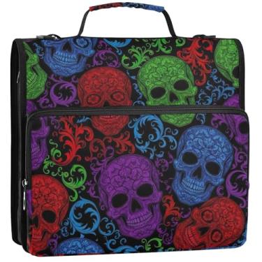 Imagem de Crânios coloridos fichários de 3 cm 3 anéis resistentes com zíper organizador de fichário bolsa de fichário para ensino médio com alça portfólio colorido e suporte de pasta de anel, 34,5 x 31,5 x 9 cm