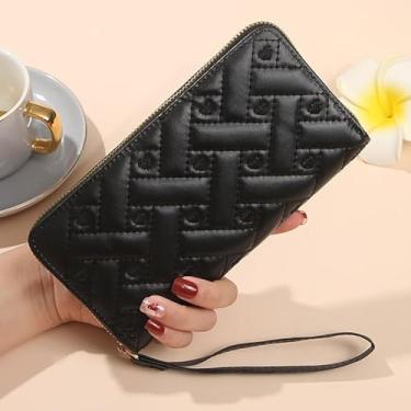 Imagem de Carteira feminina de couro genuíno com dobra dupla/tripla - Suporte minimalista para cartão de crédito com bloqueio de RFID e bolso para moedas, Preto, Casual