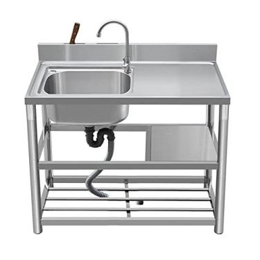 Imagem de Lava-louça de uso geral de pés, lava-louças de cozinha de restaurante comercial, tigela individual de aço inoxidável de pé, com banco de trabalho e prateleiras de armazenamento (tamanho: 80 cm, cor: )