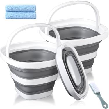 Imagem de Widecook Pacote com 2 baldes dobráveis, baldes de limpeza de 5L de 1,3 galão com alça, bacia de balde de plástico dobrável com 2 toalhas, uma escova para limpeza de jardim doméstico, lavagem de carro