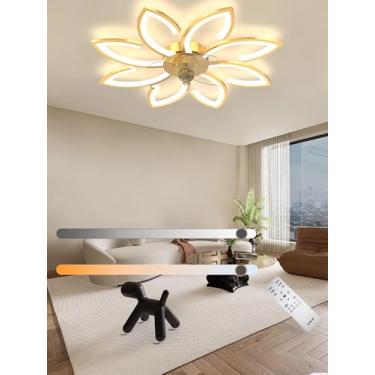 Imagem de Ventilador de teto com luminária LED moderna, silencioso e criativo, em formato de flor, com controle remoto, intensidade de luz ajustável e 6 velocidades, ideal para quarto e sala de estar