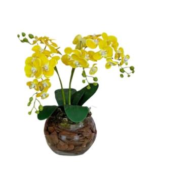Imagem de Planta Artificial，Plantas Artificiais Decorativas Pequenas，Arranjo de OrquíDeas Artificiais Decorativas Com 4 Hastes E Vaso de Vidro - DecoraçãO Moderna Para Sala, EscritóRio Ou Eventos(Amarelo)