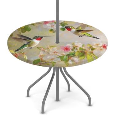 Imagem de Toalha de mesa redonda de beija-flor primavera com orifício de guarda-chuva para uso ao ar livre com zíper toalha de mesa elástica redonda impermeável toalha de mesa para guarda-chuva 114 a 142 cm