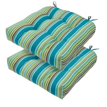Imagem de FUNHOME Conjunto de 2 almofadas para cadeira de ambiente externo à prova d'água para móveis de pátio 48 x 48 x 12 cm almofada de pátio para balanço, acampamento, cadeiras de cozinha - listras verdes