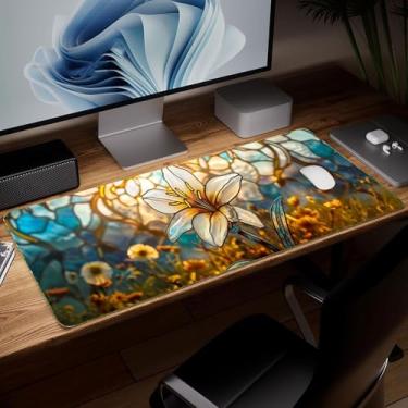 Imagem de Tapete de mesa de flor de couro, mouse pad de arte colorida grande teclado de computador mousepad para jogos à prova d'água protetor e capa de mesa, tapete de mouse decorativo de couro PU para laptop