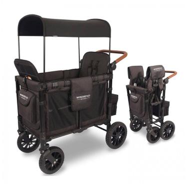 Imagem de Carrinho de Passeio para 2 Crianças Multifuncional com Porta Objeto e Cobertura, até 136 kg, WONDERFOLD W2, Preto Vulcânico