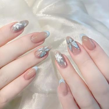 Imagem de Kit de unhas de pressão de amêndoa média francesa azul claro conjunto de unhas falsas com design requintado de borboleta cobertura completa cola em bastão falso artificial em unha de acrílico para