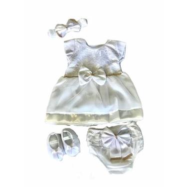 Imagem de Kit Vestido Calcinha Sapatinho Laço Roupa Bebe 0-6 meses 4pc - Lala Lu