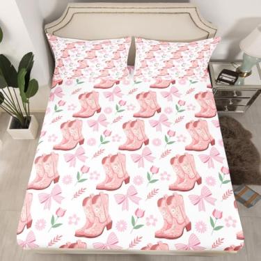 Imagem de Manfei Jogo de cama Queen infantil ocidental, com lindas botas de vaqueira, princesa, laço rosa, estampa de flores, com 2 fronhas, de poliéster macio, sem lençol de cima
