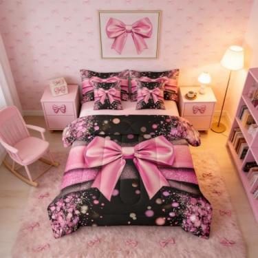 Imagem de Erosebridal Conjunto de edredom completo com laço rosa para meninas, 7 peças, cama fofa com laço princesa em uma bolsa, conjunto de cama com edredom, lençóis, fronhas, decoração de quarto kawaii