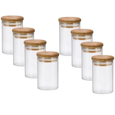 Imagem de Conj. 8 potes hermetico vidro boro c/tampa bambu 110ml - Casa Hera Mar