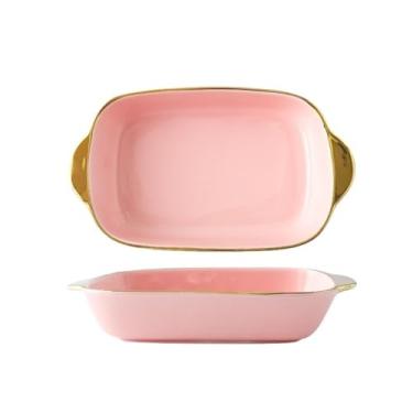 Imagem de Caçarola Prato requintado doméstico com cabo duplo prato resistente a altas temperaturas, utensílios de mesa de cerâmica para cozinha (rosa)