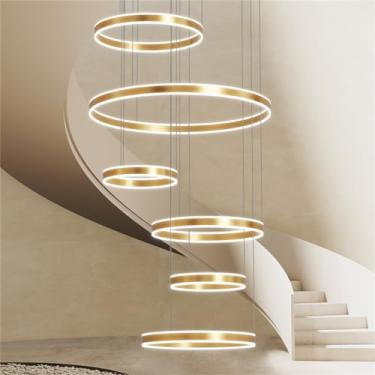 Imagem de Luminária Pendente Moderna de LED para Mesa de Jantar, Lustre de 5 Anéis com Controle Remoto e Luzes Reguláveis, em Metal e Acrílico, com Altura Ajustável, Ideal para Sala de Estar, Cozinha