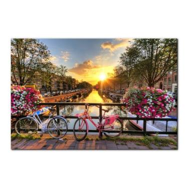 Imagem de Pacimo Flores Bicicletas Decoração de Arte de Parede para Sala de Estar Quarto Escritório Nascer do Sol sobre Amsterdã Impressão em Tela Pintura Decoração de Casa Paisagem Urbana Arte Moderna Esticada