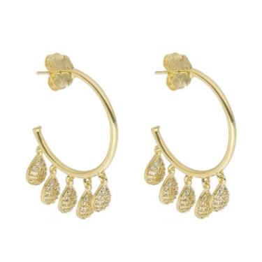 Imagem de Brinco piuka argola guta gotas zircônia folheado a ouro 18k, Dourado, 