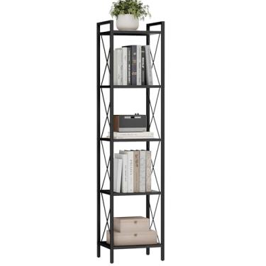 Imagem de Homhedy Estante de livros de 5 andares, estante alta e estreita para pequenos espaços, prateleira de armazenamento de metal, para escritório em casa, sala de estar, cozinha, quarto, estilo industrial