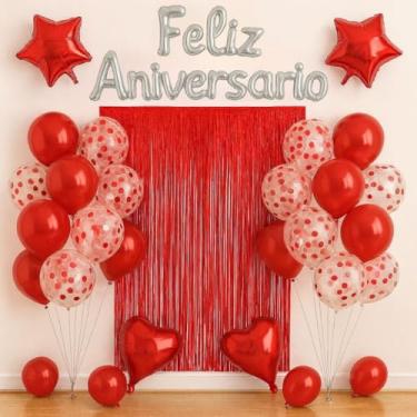 Imagem de Kit Balão Metalizado Cortina Bexiga Feliz Aniversário Decoração de Festa Completa(Vermelho)