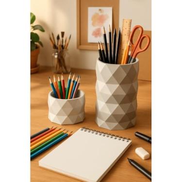 Imagem de Organizador 3D Geométrico Porta Caneta Lápis Clips e Suporte Celular para Escritório Home Office (Cinza,Porta Canetas/Clipes)